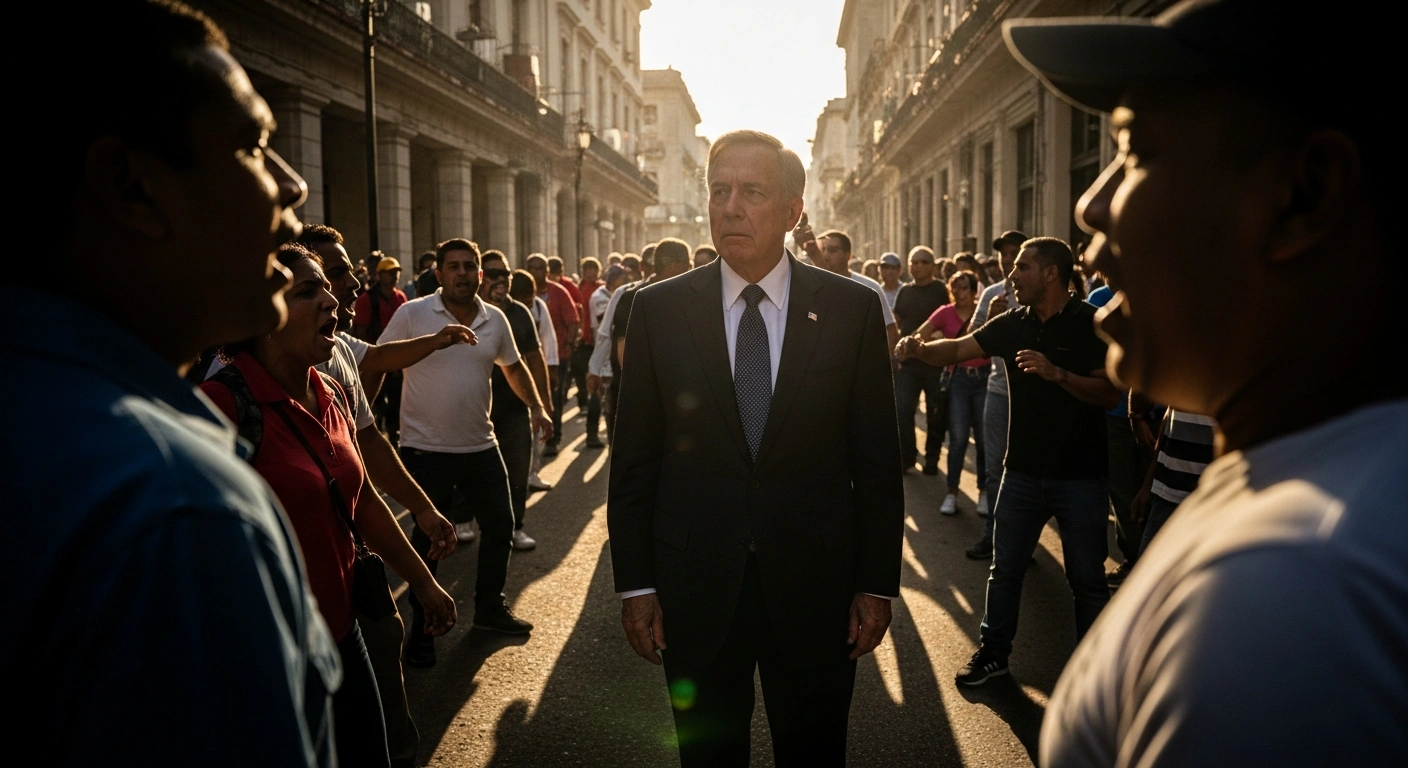 A distinguished U.S. diplomat, Mike Hammer, stands stoically amidst a blurred, agitated crowd of Cubans on a sun-baked street in Havana, reflecting the reported heckling incidents and escalating bilateral tensions.