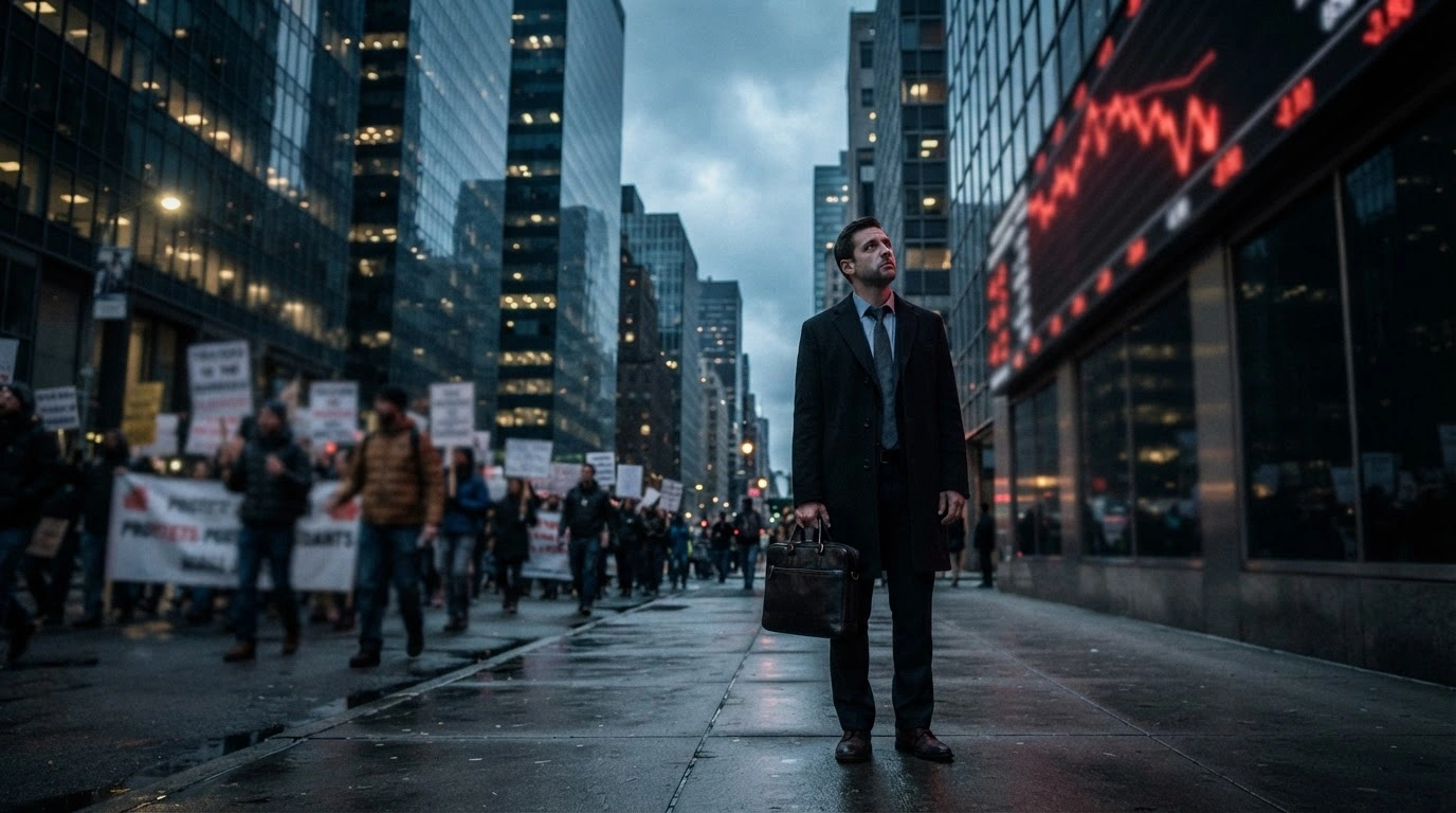 A business professional stands in a city financial district during a period of economic decline marked by government bond sell-offs and nationwide protests.