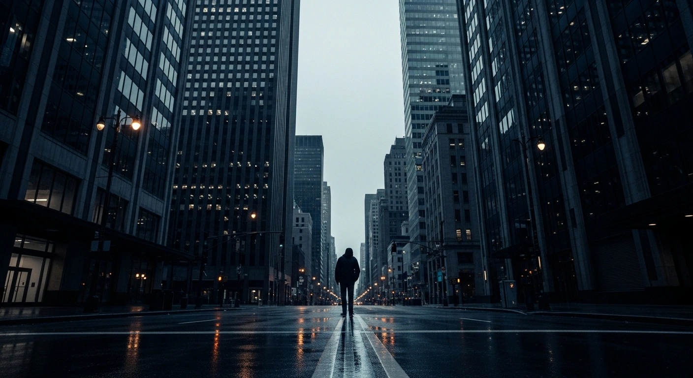 A wide, low-angle shot of a deserted, rain-slicked city street at dusk, with towering skyscrapers reflecting an ominous sky and a single, silhouetted figure walking away, symbolizing the forecasted U.S. economic downturn in 2026, sharp job market contraction, and potential Federal Reserve interest rate cuts.
