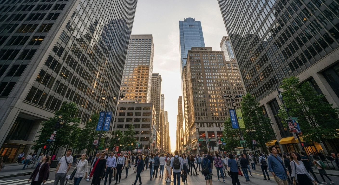 A bustling city street at golden hour, with modern skyscrapers reflecting warm light and numerous people moving purposefully, visually represents the U.S. economy's robust 3.8% expansion in Q2 2025, fueled by strong consumer spending and decreased imports.