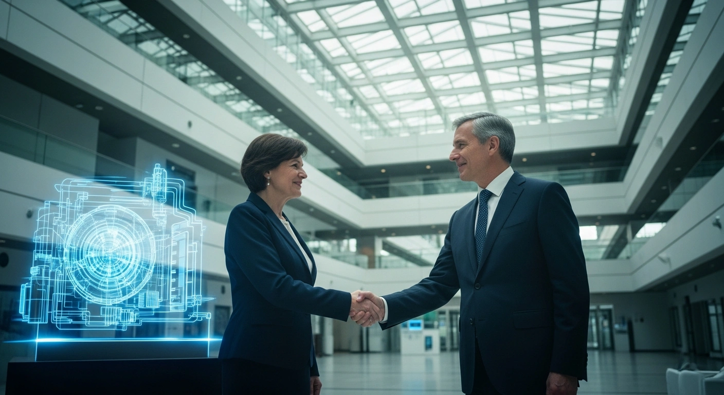 Two officials shake hands in front of a holographic display of a nuclear energy reactor to represent the civil nuclear cooperation partnership between the United States and Ecuador.