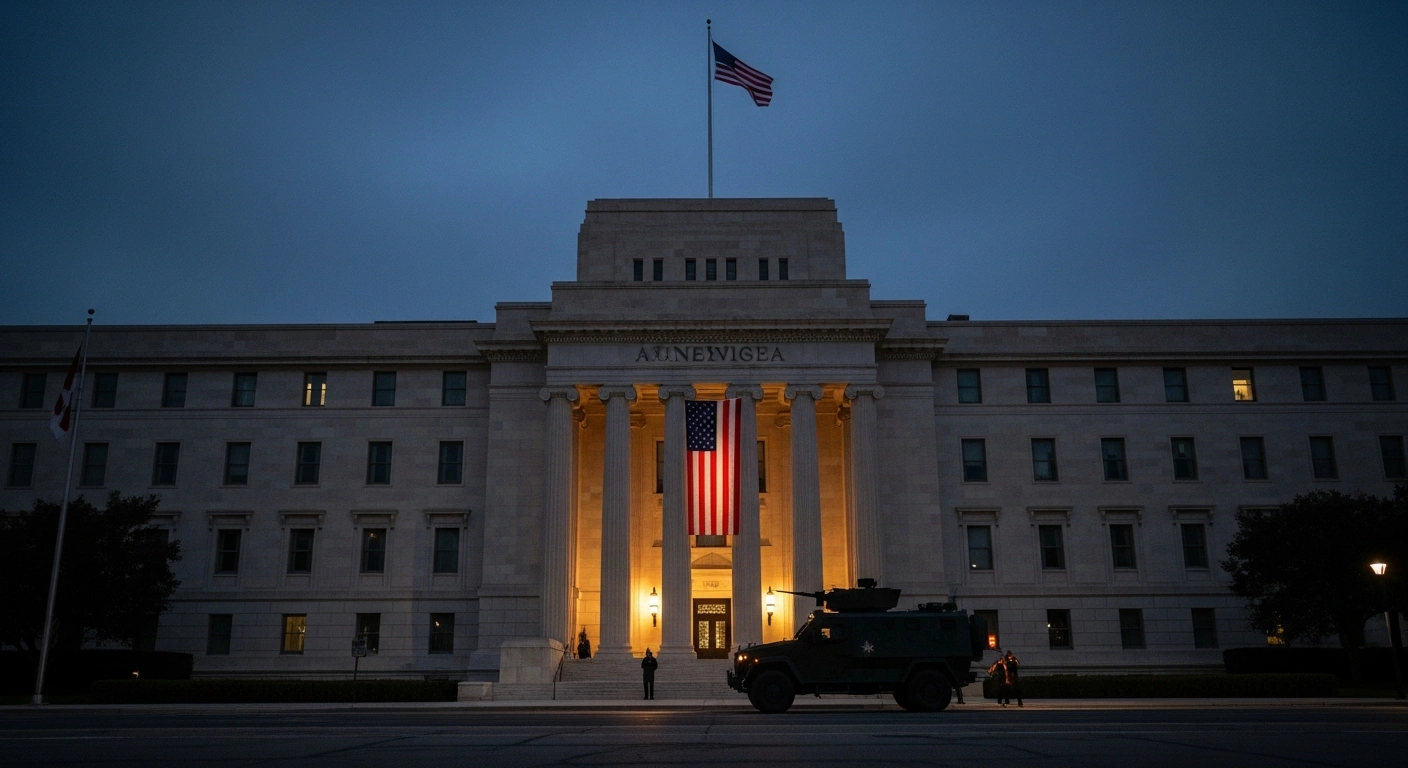 A low-angle, wide shot depicts a U.S. embassy building at dusk, illuminated by emergency floodlights, with an armored vehicle departing and a flag hanging limp, symbolizing the U.S. State Department's order to close embassies in Beirut, Kuwait, and Saudi Arabia, and the urgent call for Americans to leave 14 Middle Eastern countries amidst escalating regional tensions and drone attacks stemming from the US-Israel-Iran conflict.