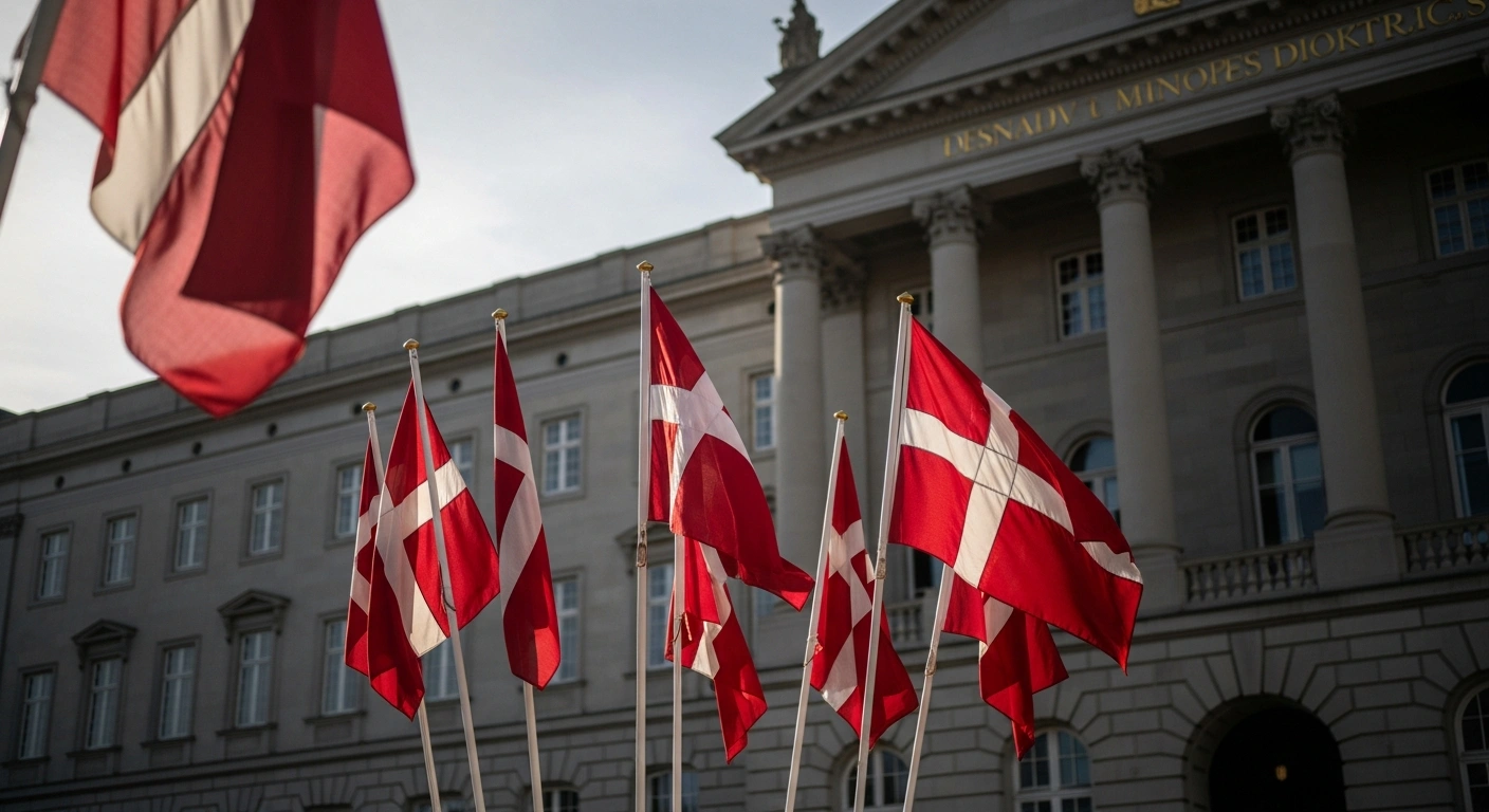 A cluster of Danish flags, honoring soldiers killed in Afghanistan, stands re-erected in front of the US Embassy in Copenhagen, after being temporarily removed and then reinstalled following public outrage.