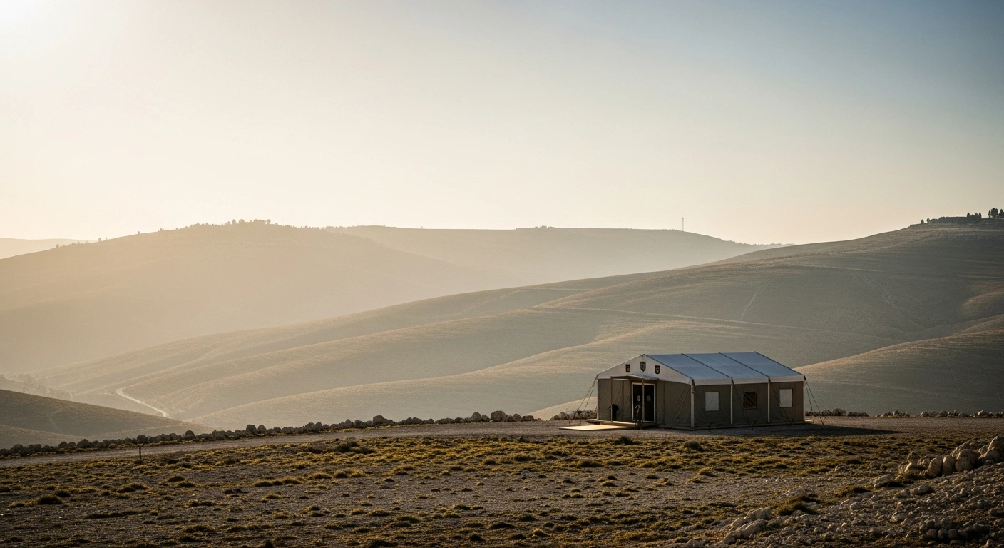 A temporary official consular tent, subtly displaying an American flag, stands in a sun-drenched West Bank landscape, symbolizing the U.S. Embassy in Jerusalem providing services in the Israeli settlement of Efrat.