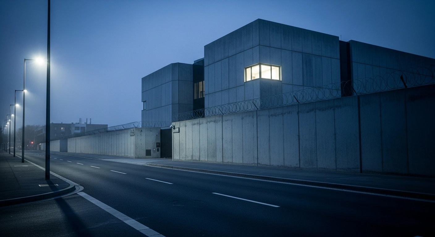 The exterior of the U.S. Embassy in Israel stands under a dim evening sky as security measures remain in effect for government personnel.
