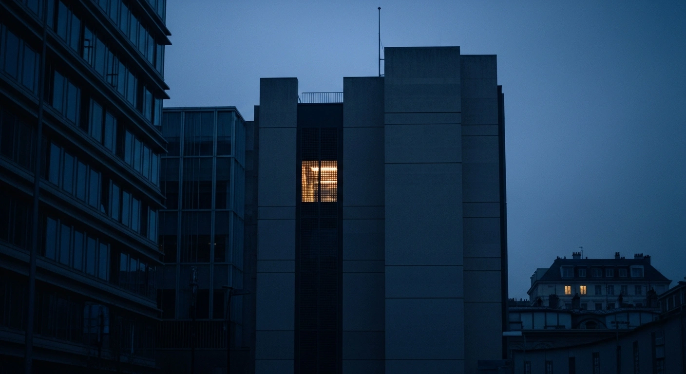 The U.S. Embassy in Israel stands under a dim twilight sky as government employees remain sheltered in place due to regional security concerns.