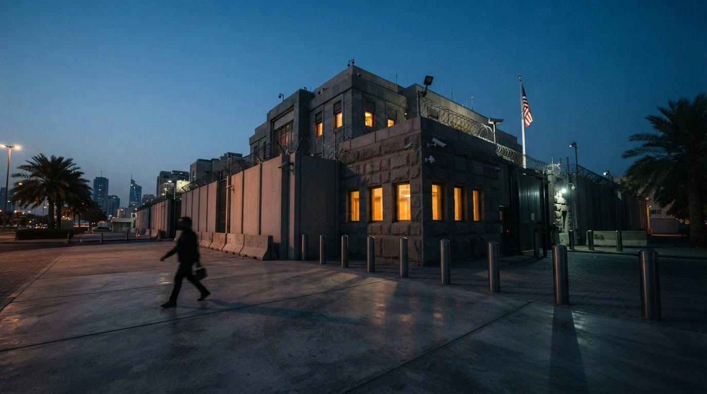 The exterior of the United States Embassy in Manama, Bahrain, is shown under a twilight sky as part of a security advisory for American citizens.