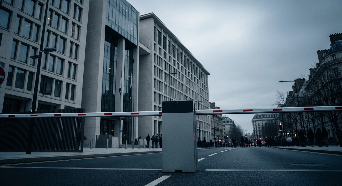 A security barrier stands in front of the U.S. Embassy in Mexico City as a warning for American citizens to avoid potential protest areas.