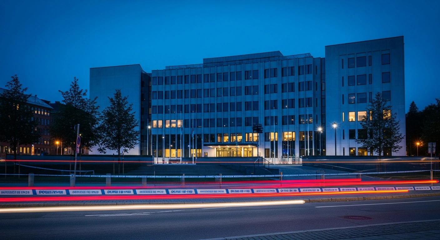 Police officers investigate the scene of an explosion at the entrance of the US Embassy in Oslo, Norway, surrounded by a security cordon.