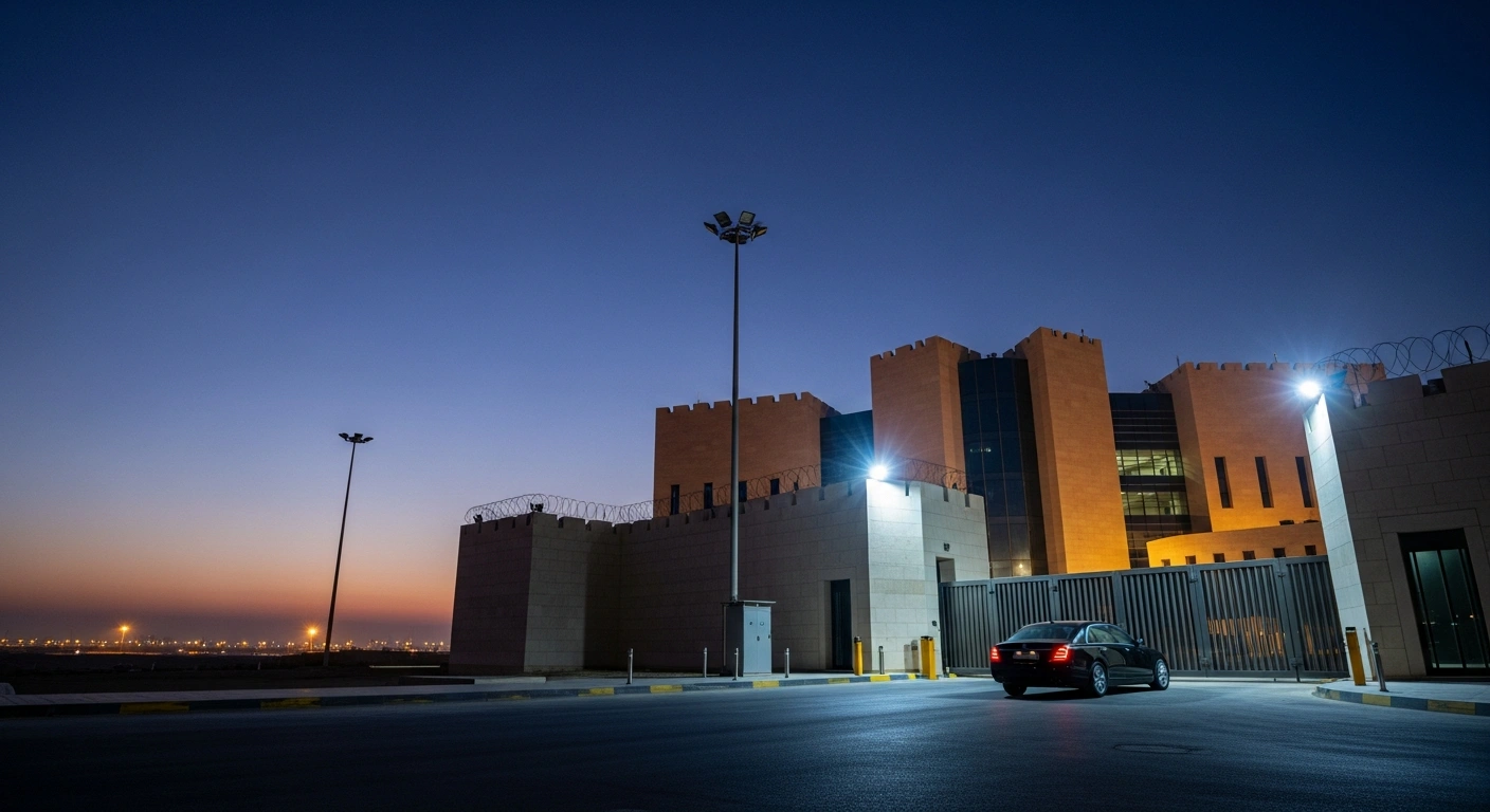 The exterior of the U.S. Embassy in Riyadh is shown at dusk with restricted access as diplomatic missions suspend routine consular services due to security concerns.