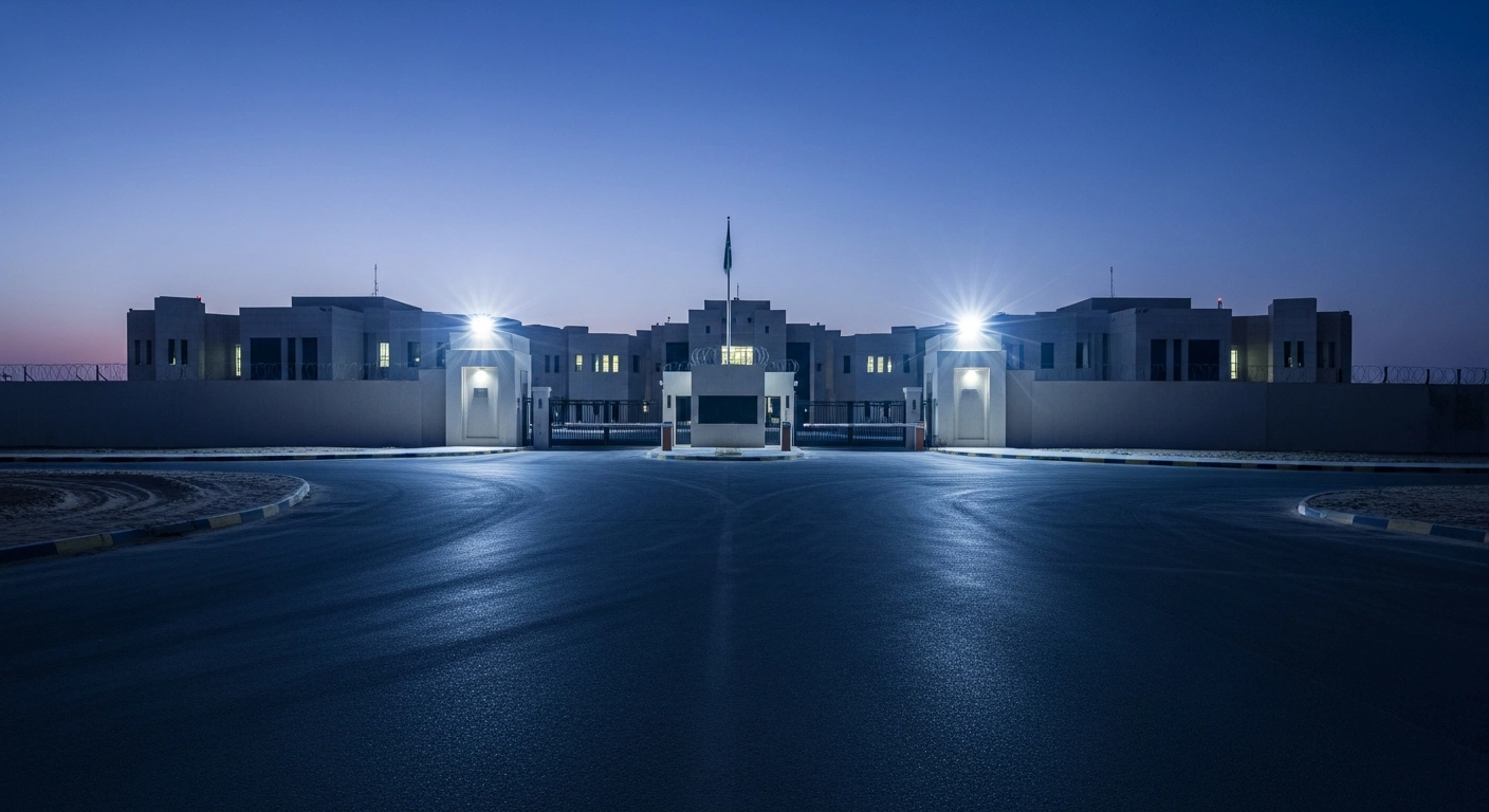 The U.S. Embassy in Riyadh stands under a security lockdown as regional tensions remain high.