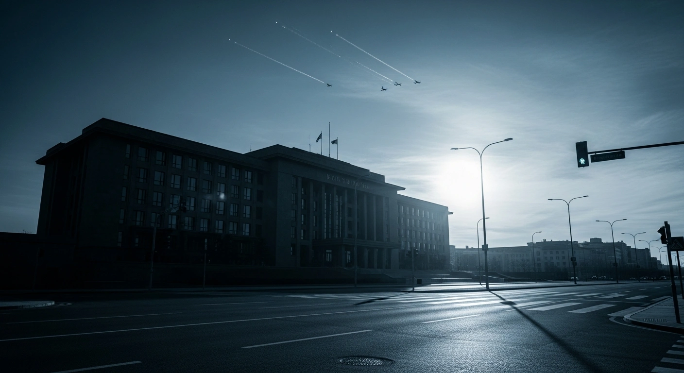 The U.S. Embassy building stands in a quiet city at twilight as security alerts are issued regarding missile and drone threats in Saudi Arabia.