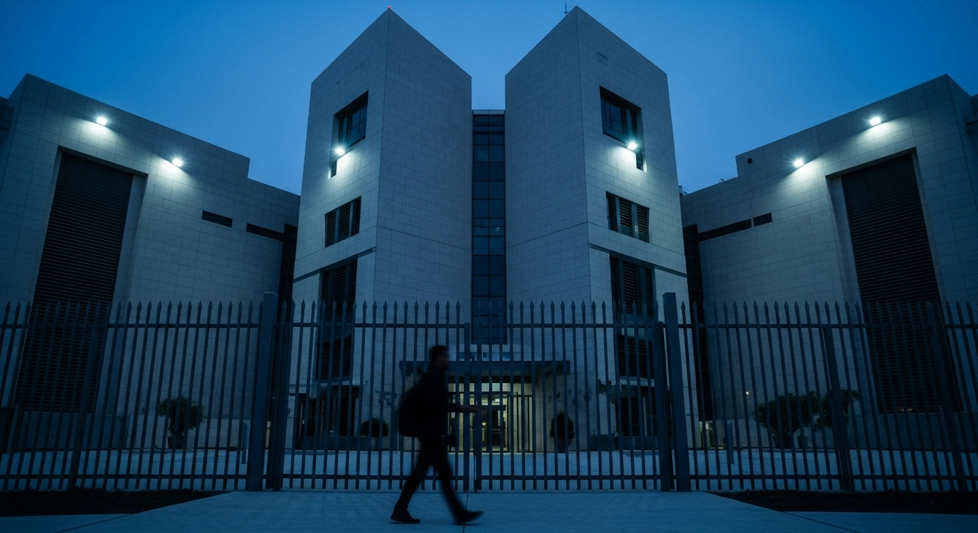 A modern, fortified U.S. diplomatic building in Saudi Arabia stands under a twilight sky during a period of heightened security alerts.