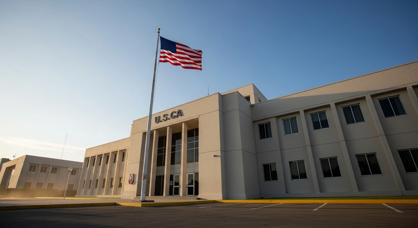 A wide, low-angle shot of the U.S. Embassy in Caracas at sunrise, with the American flag flying prominently, symbolizing the Trump administration's intent to resume operations in Venezuela after the capture of Nicolás Maduro and the restoration of diplomatic ties.