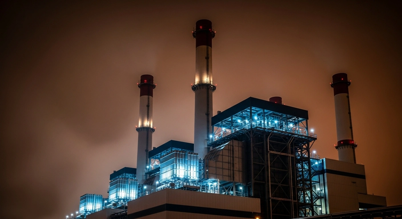 A modernized coal-fired power plant at dusk, featuring towering smokestacks and glowing advanced technological components, symbolizing the U.S. Department of Energy's $625 million initiative to keep these plants operational for energy reliability and reindustrialization.