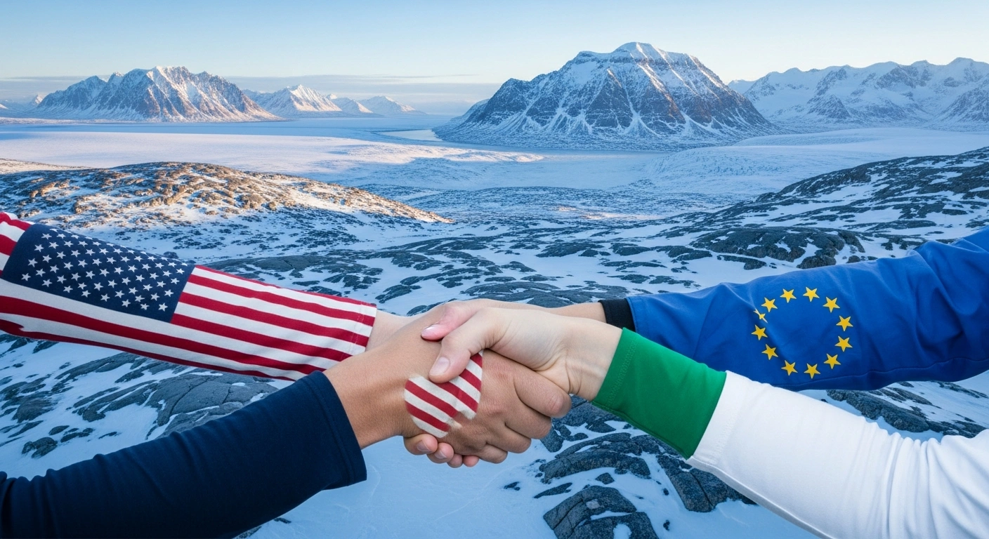 A wide-angle photograph shows a diverse group of hands, representing the United States, European allies, and Greenland, clasped in a handshake in the foreground, set against a backdrop of Greenland's rugged, ice-capped mountains under a dawning sky, symbolizing their new Strategic Security and Mineral Partnership and investment in critical minerals.