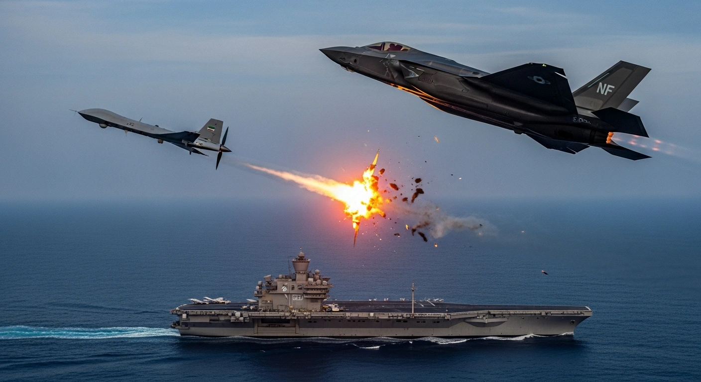 An F-35C fighter jet is depicted banking sharply as an Iranian Shahed-139 drone explodes in mid-air above the USS Abraham Lincoln aircraft carrier in the Arabian Sea.