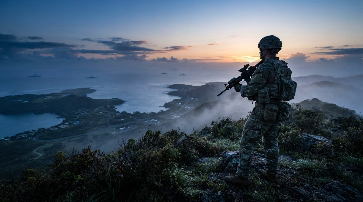 A US Army soldier stands on a ridge overlooking the Indo-Pacific coastline, representing the readiness of US forces in South Korea for regional security missions.