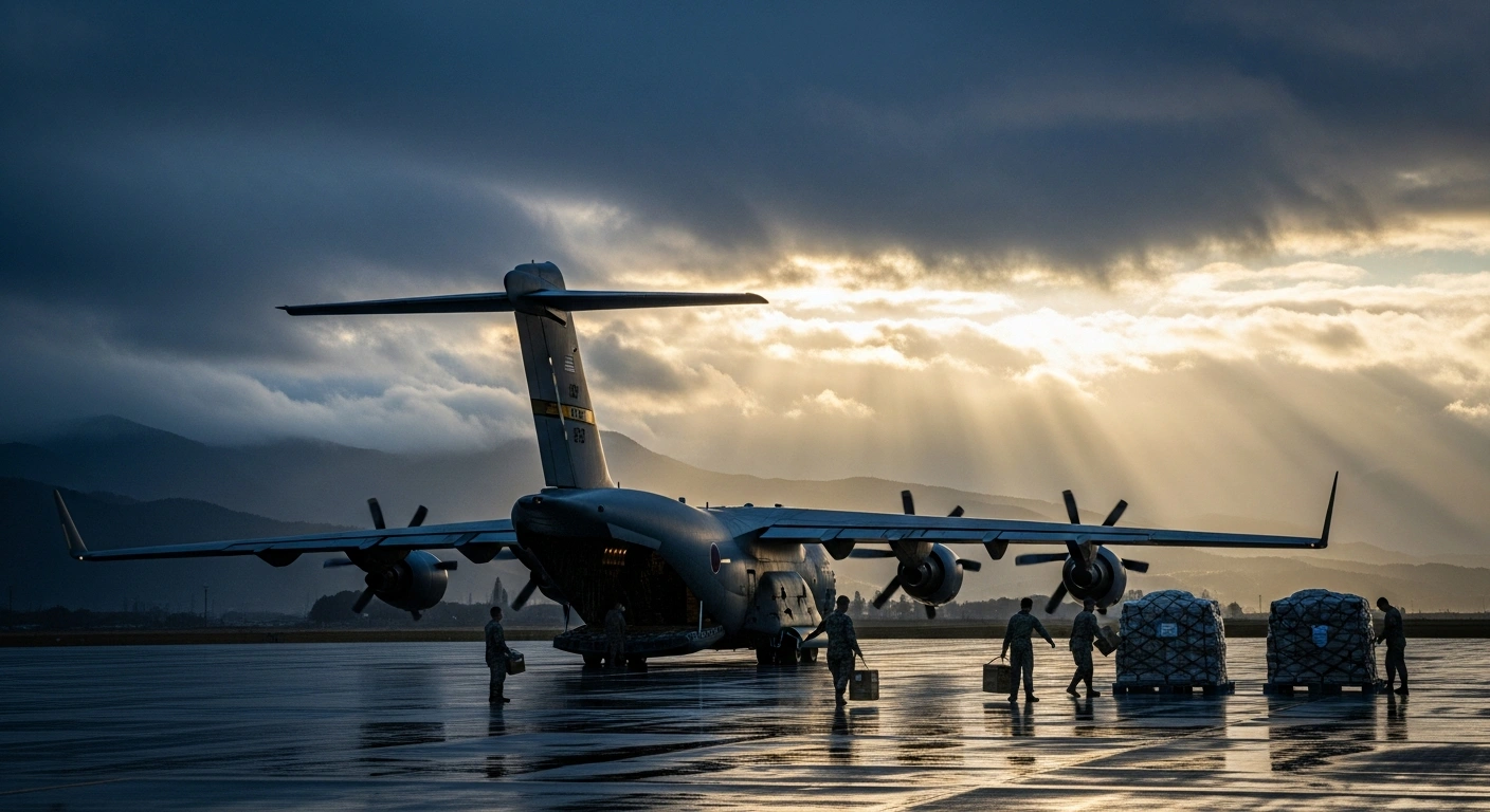 U.S. military personnel unload humanitarian relief supplies from a transport aircraft in Kumamoto, Japan, following a series of earthquakes.