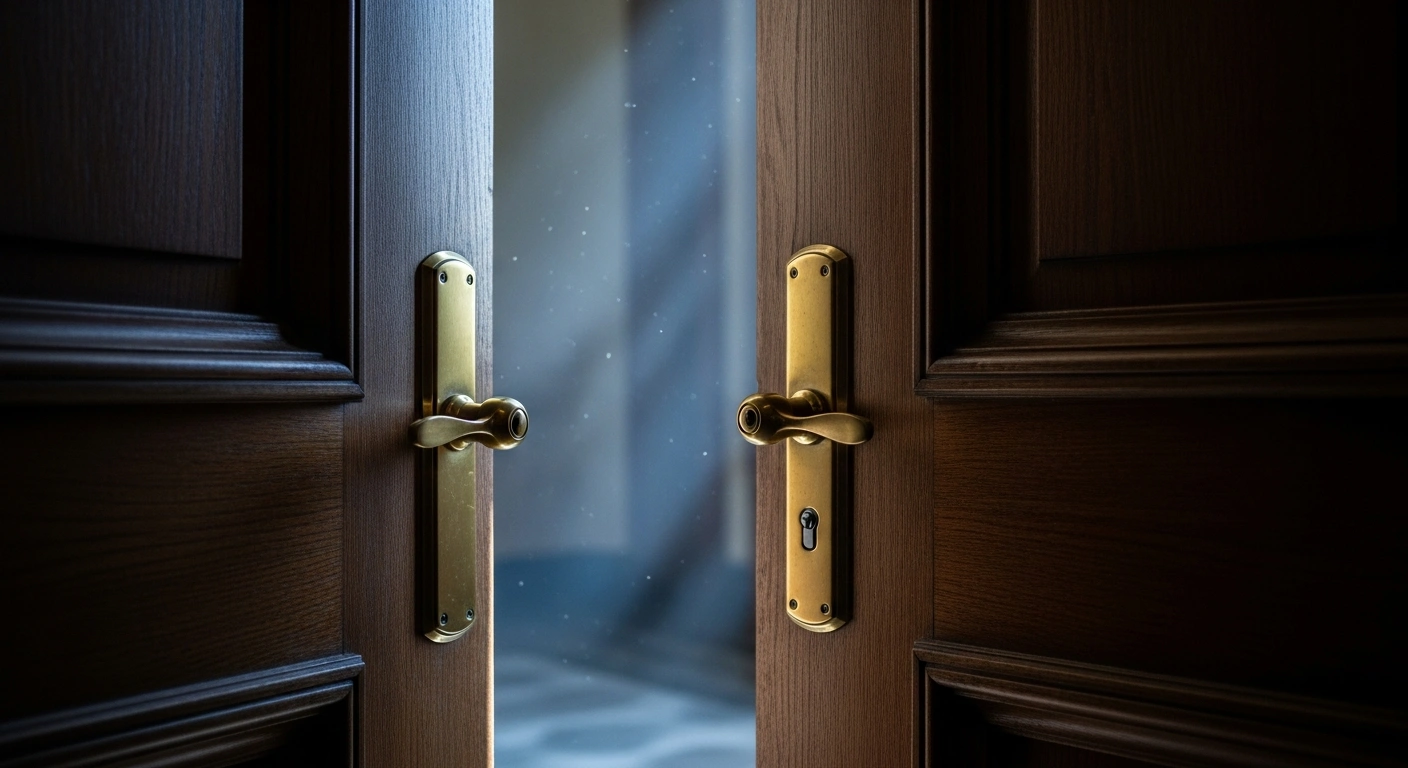A pair of heavy wooden doors in a government building symbolizes the strained diplomatic relations and delayed ambassador confirmation between the United States and France.