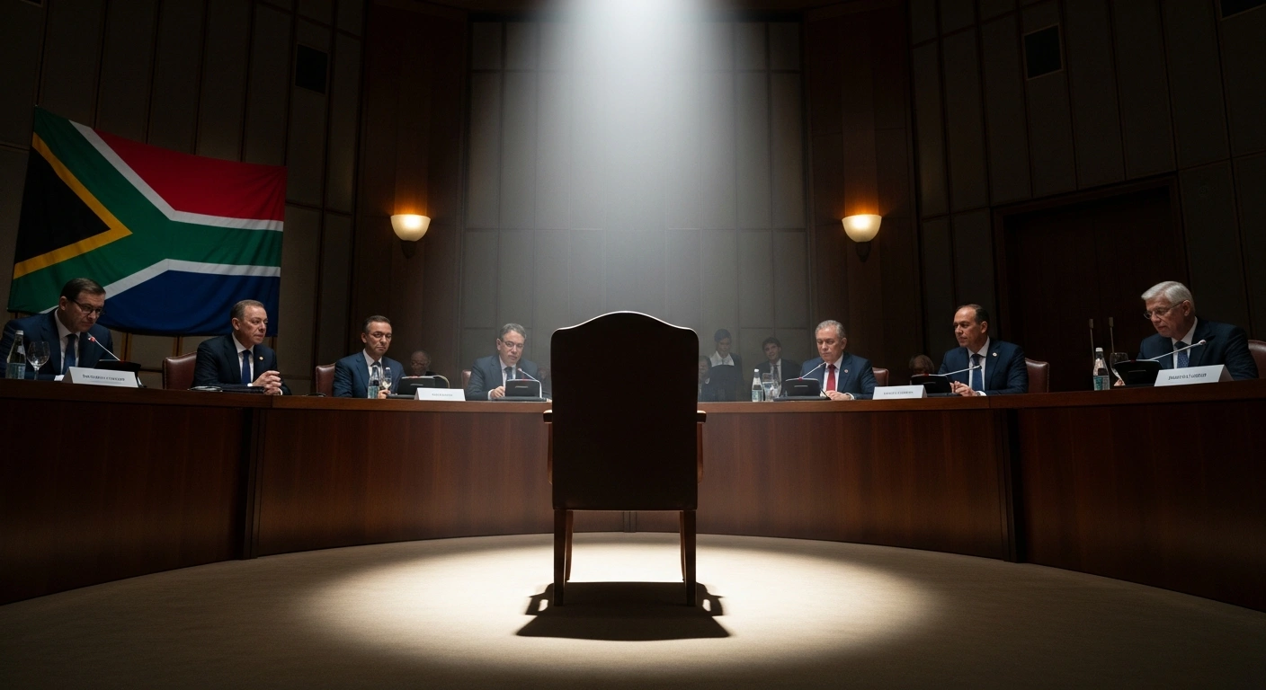 An empty chair at a grand conference table symbolizes the United States' boycott of the G20 Leaders' Summit in Johannesburg, South Africa, amidst other world leaders, reflecting the diplomatic tension following President Donald Trump's allegations and President Cyril Ramaphosa's expressed regret.