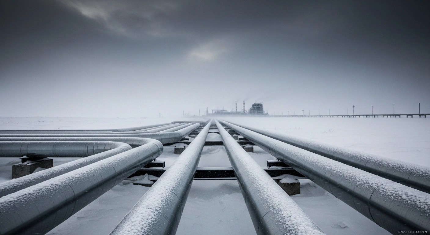 A wide, low-angle shot captures a snow-blanketed plain leading to a distant natural gas processing facility under a harsh, steely grey sky, illustrating the impact of an Arctic freeze on US natural gas futures and potential production disruptions.
