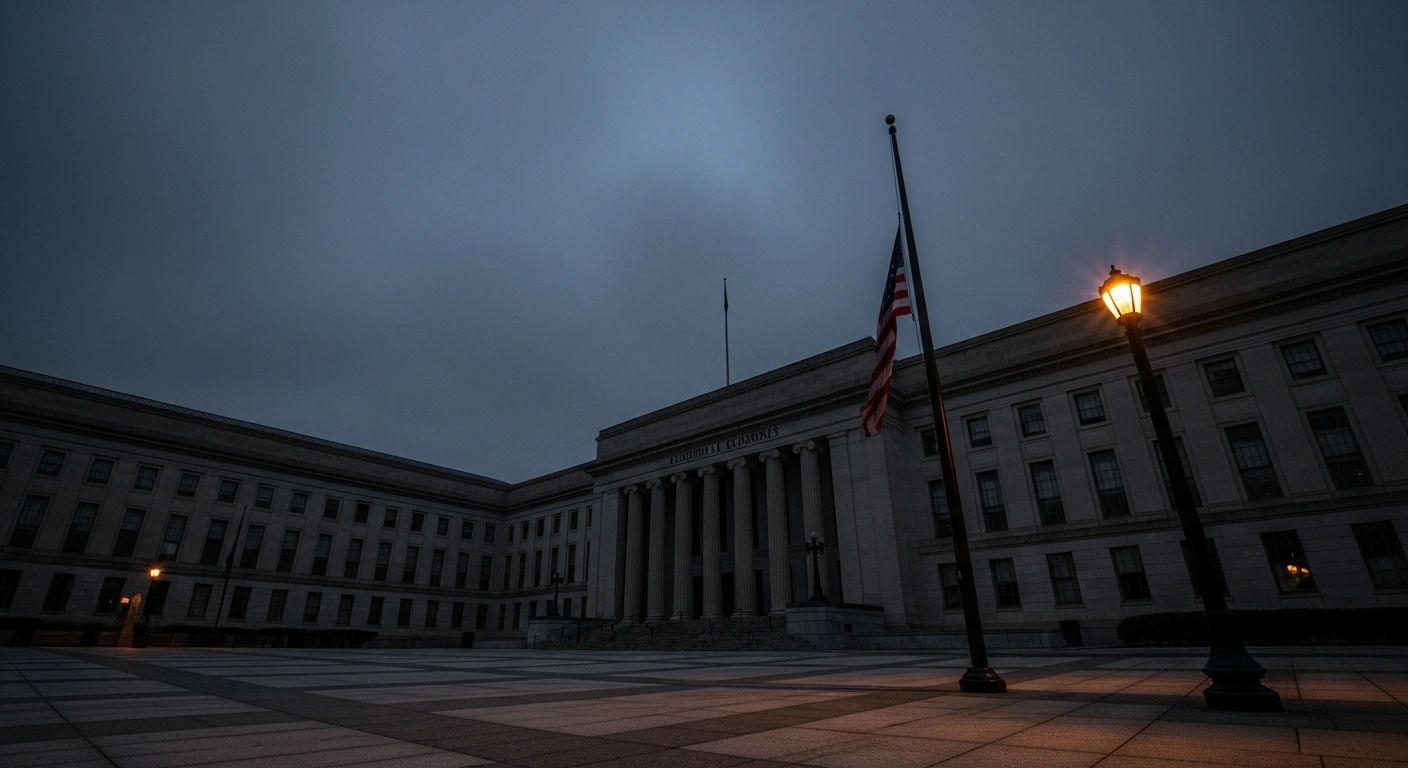 A dimly lit federal building facade with a tattered American flag hanging limply under a bruised twilight sky, symbolizing the extensive disruptions and uncertainty caused by the United States government shutdown, now on its 40th day, due to political leaders deadlocked over Affordable Care Act healthcare subsidies.