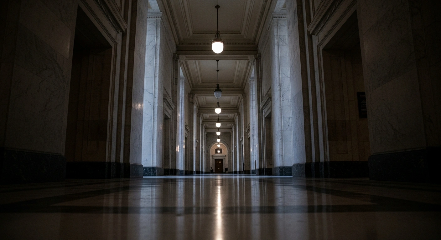 A long, deserted marble corridor in a federal building, dimly lit by emergency lights, symbolizes the 36-day United States federal government shutdown over health insurance subsidies and Joe Biden-era tax credits for Affordable Care Act plans.