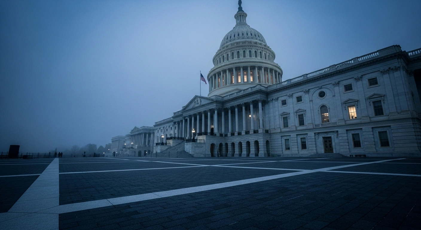 The United States Capitol building stands in the dim light during the eighth week of a federal government shutdown.