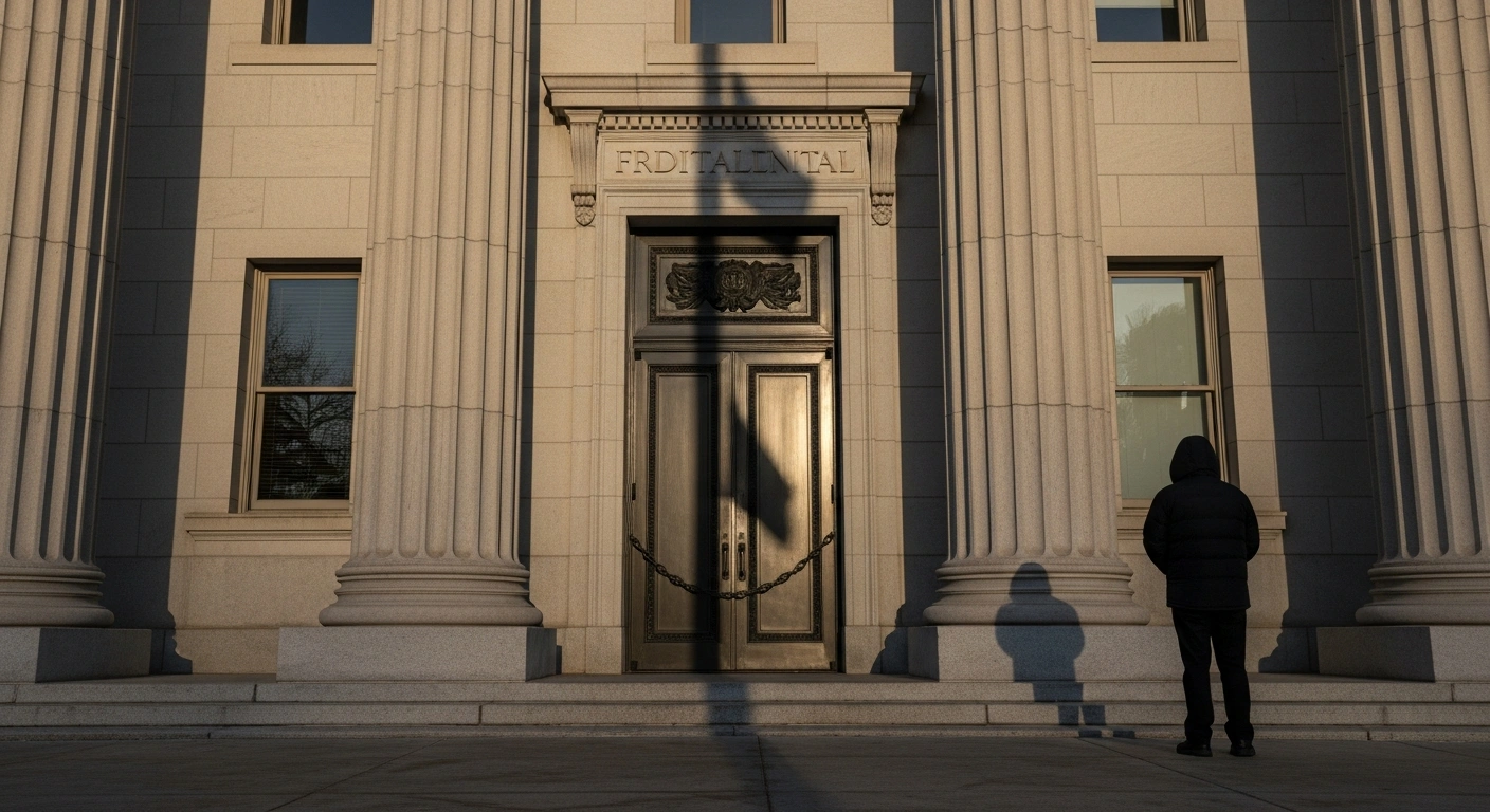 A solitary federal worker stands before the chained entrance of a neoclassical government building at dawn, symbolizing the 2018-2019 US federal government shutdown over border wall funding, which affected 800,000 federal workers.