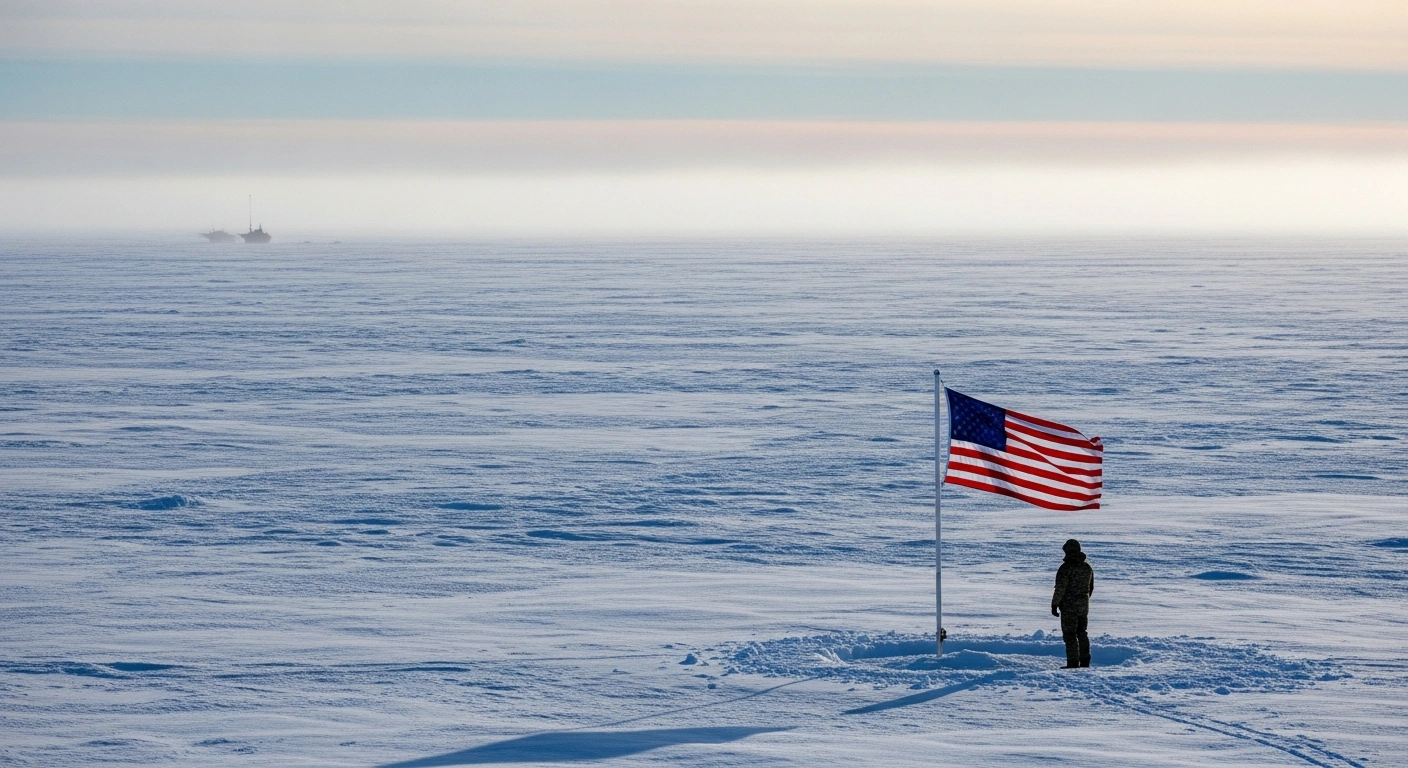 A lone figure stands before an American flag planted on the vast, icy landscape of Greenland, with distant military equipment visible under a twilight sky, symbolizing the proposed Greenland annexation and U.S. national security interests in the Arctic against threats from China and Russia.