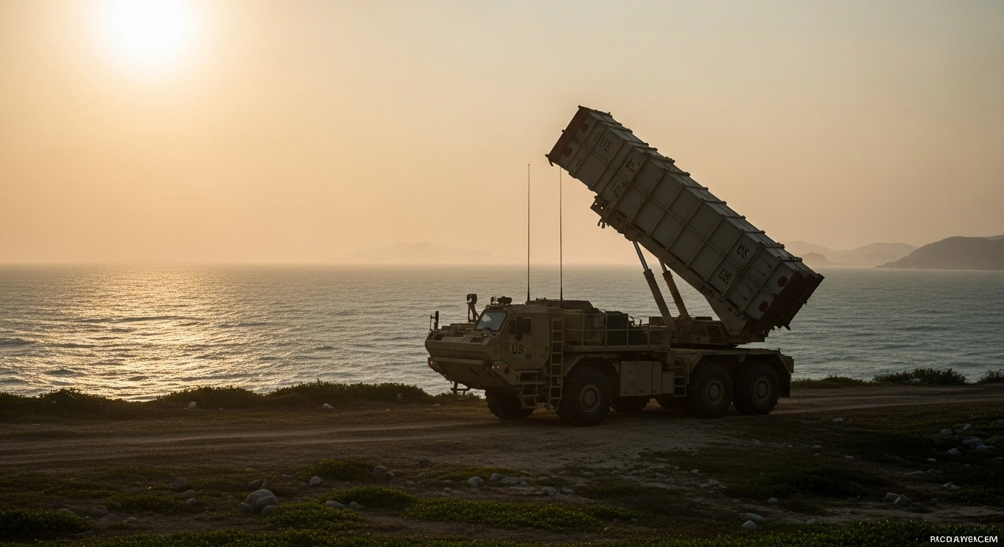 A U.S. HIMARS launcher is dramatically silhouetted against a sunset sky on a rugged coastline, overlooking the vast expanse of the South China Sea, representing the Indo-Pacific Command's show of force near Scarborough Shoal to counter Chinese aggression.