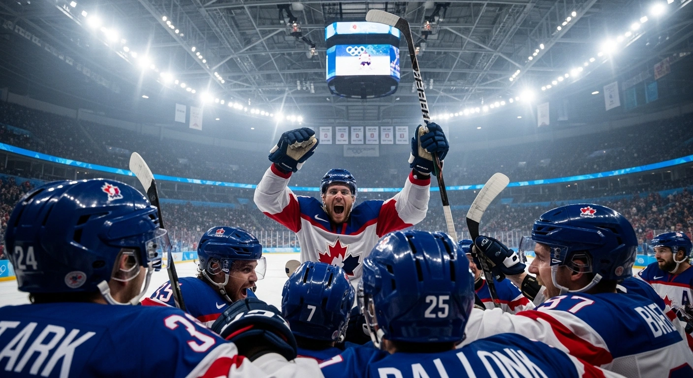 A low-angle, wide shot from above the ice shows American ice hockey player Brock Nelson celebrating a goal with his teammates, stick raised high, in an Olympic arena, depicting the United States men's ice hockey team's decisive 5-1 victory over Latvia at the Milano Cortina 2026 Winter Olympics.