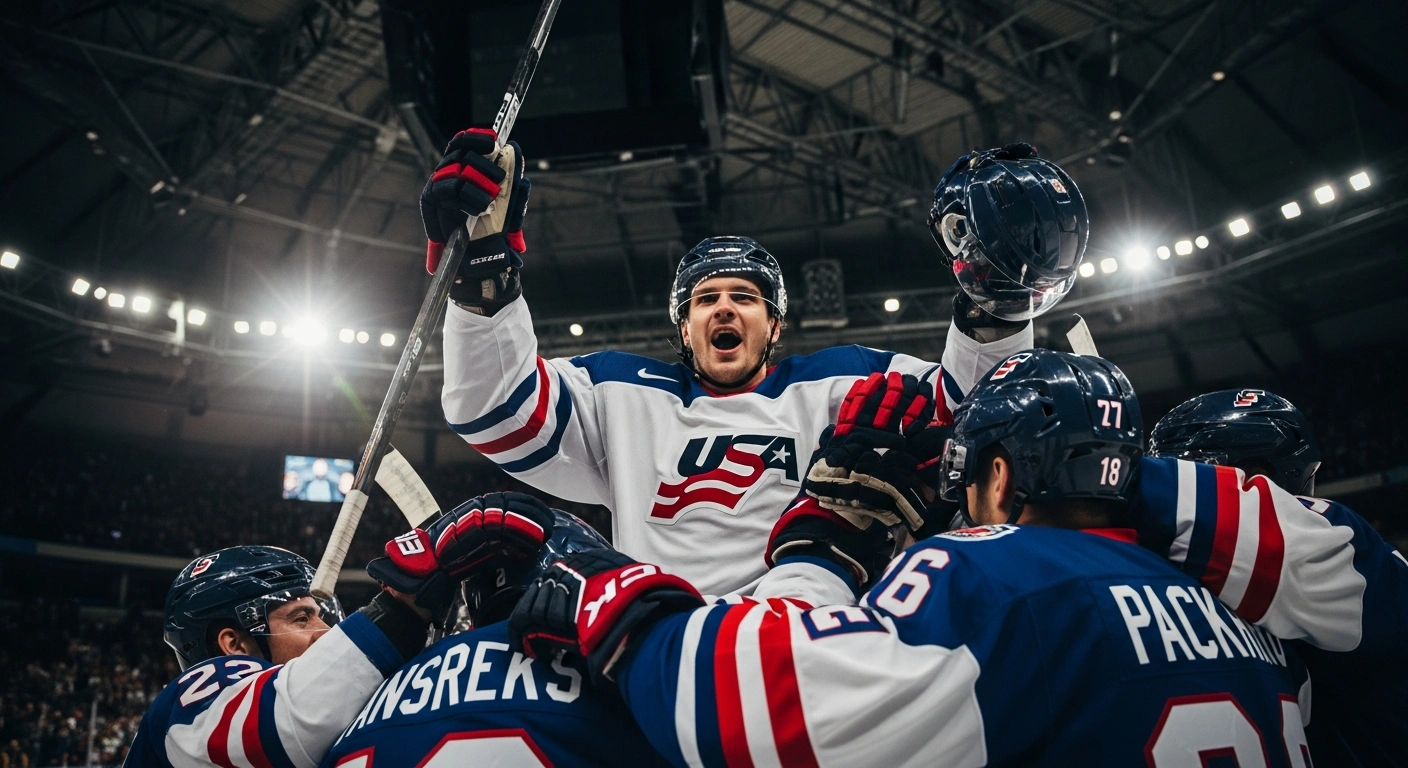 A low-angle, wide shot captures a jubilant American hockey player, stick raised high, celebrating with teammates on the ice under dramatic arena lights, symbolizing their 6-3 win against Germany in the 2026 IIHF World Junior Championship.