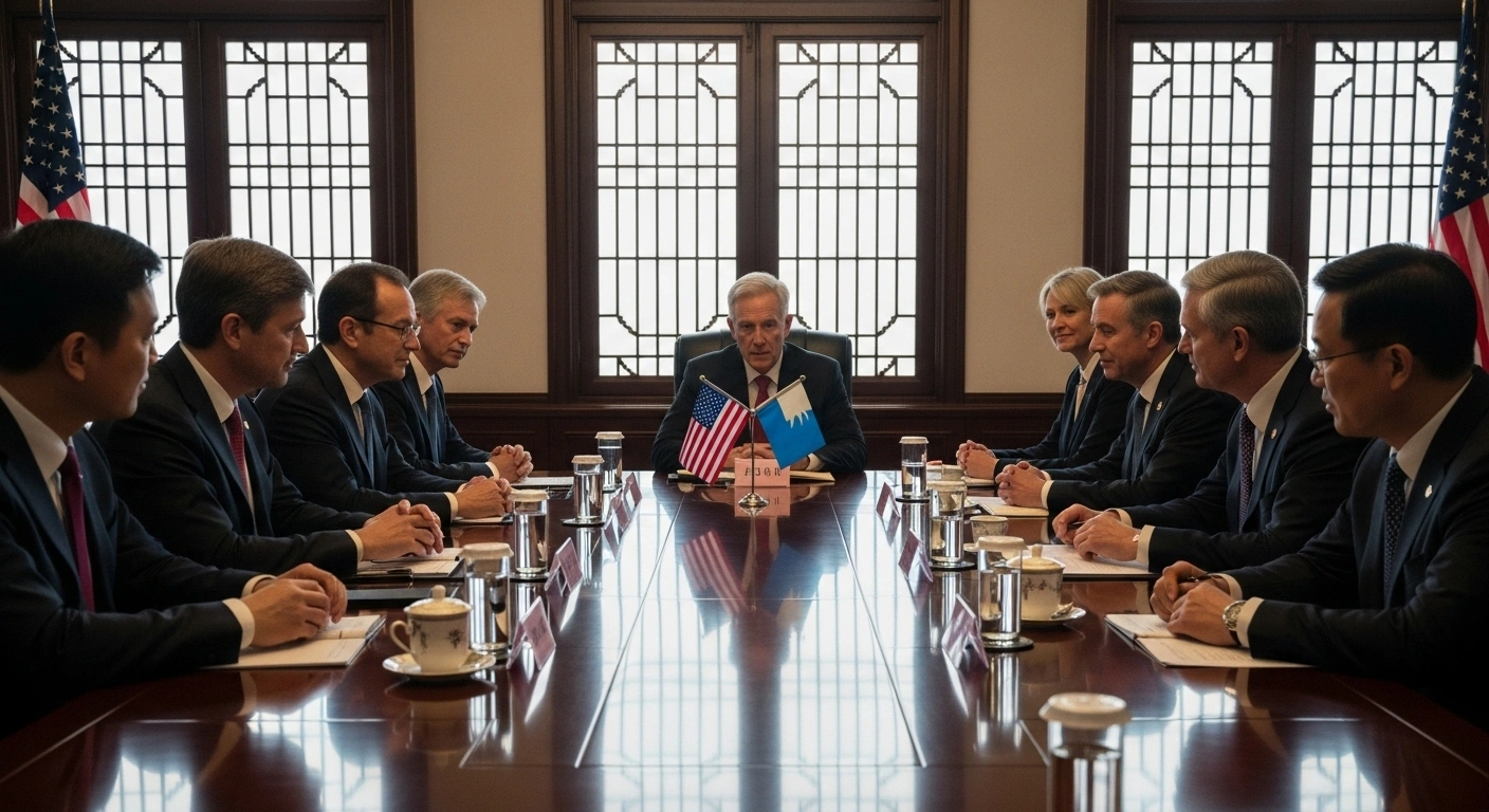 A wide-angle shot captures a bipartisan US House delegation, led by Representative Adam Smith, engaged in a formal discussion with Chinese officials at a polished conference table in Beijing, symbolizing talks on trade, military communication, and the future of TikTok to stabilize bilateral ties.