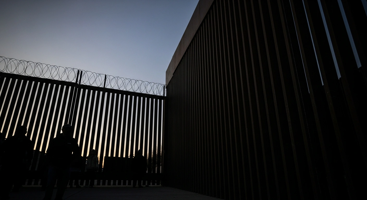 A low-angle, stark photograph depicts a towering, firmly shut metal border gate silhouetted against a cold twilight sky, with indistinct figures in the foreground, symbolizing the United States' halt of immigrant visa processing for citizens of Brazil and 74 other countries starting January 21, 2026, a move by the Trump administration over 'public charges' concerns.