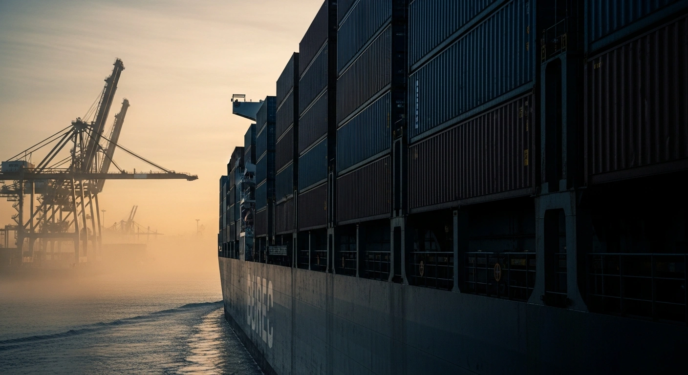 A large cargo ship carrying industrial supplies and fuel containers moves through a harbor, representing the rise in U.S. import prices.