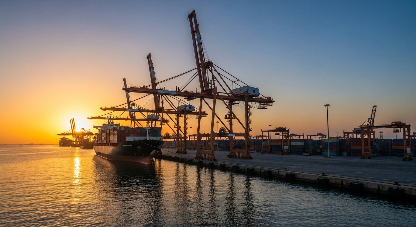 A wide, cinematic shot of the Chabahar Port at dawn shows towering gantry cranes loading a large container ship, symbolizing India's continued operations for regional trade and humanitarian aid to Afghanistan and Central Asia, following a six-month sanctions exemption granted by the United States.