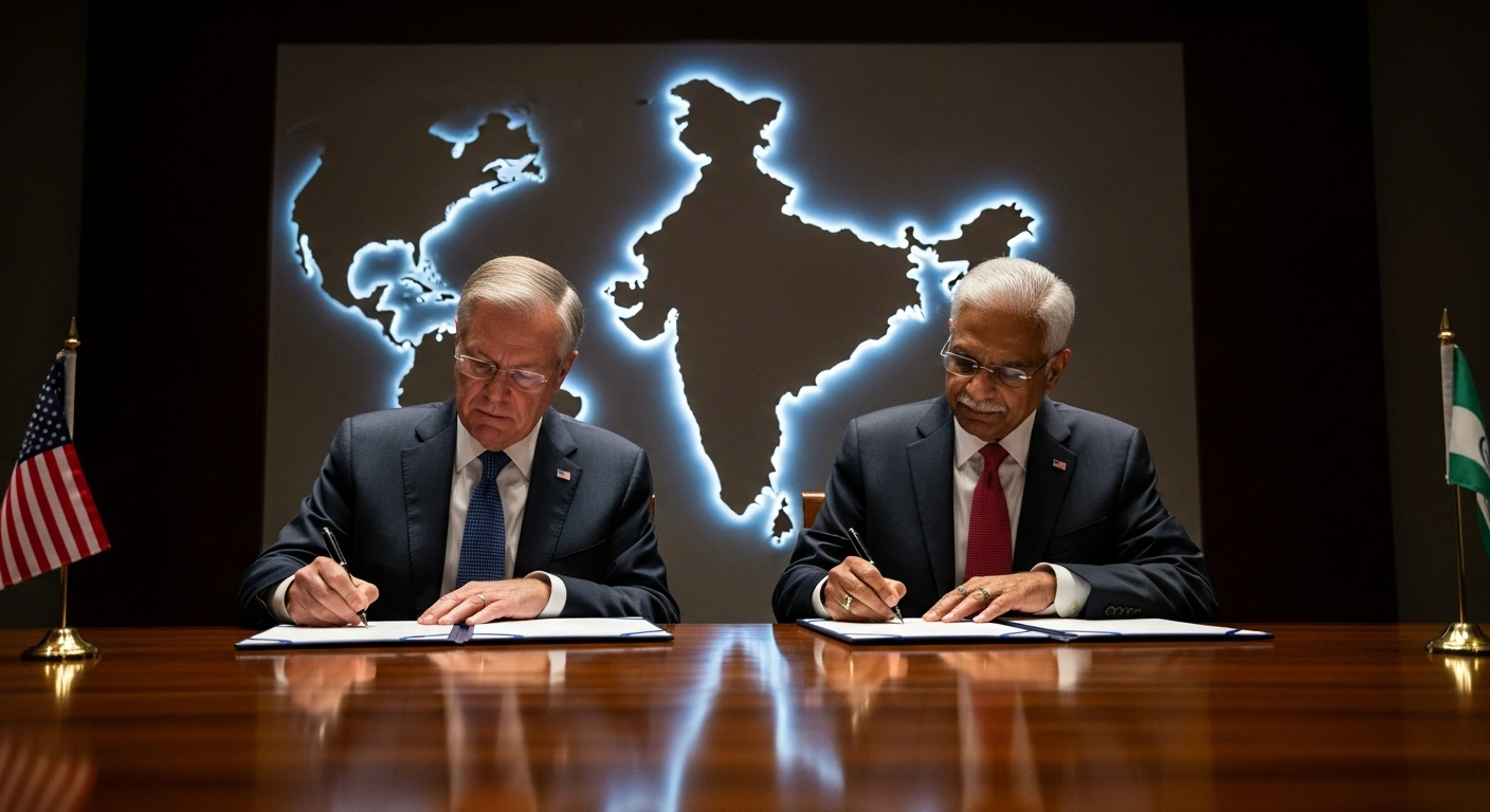 U.S. Secretary of War Pete Hegseth and Indian Defense Minister Rajnath Singh are shown signing a new 10-year defense framework agreement in Kuala Lumpur, with a stylized map of the Indo-Pacific region subtly illuminated in the background.