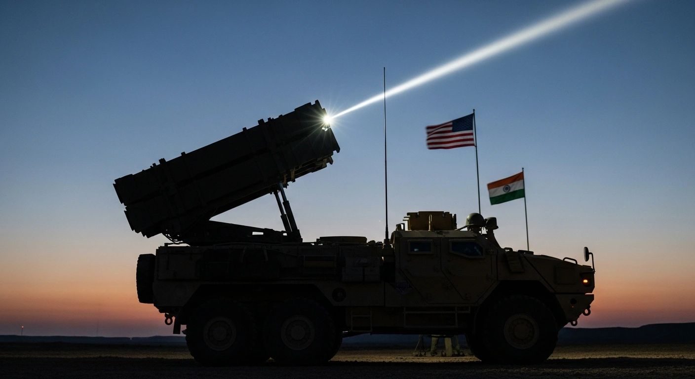 A Javelin missile launcher system on a tactical vehicle is silhouetted against a twilight sky, with American and Indian flags subtly in the background, symbolizing the United States' approval of Javelin Missile Systems and Excalibur Projectiles to enhance India's defense capabilities.