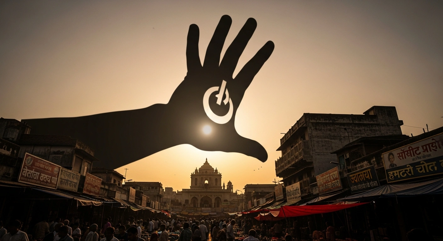A large, stylized hand casts a dark, imposing shadow over a bustling, vibrant Indian marketplace, visually representing the proposed US 'Sanctioning Russia Act of 2025' and its threat of significant tariffs on Indian exports for continued Russian oil purchases.