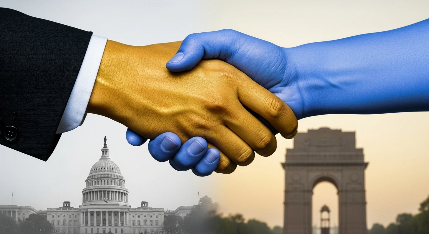A symbolic image showing a firm handshake between a representative of the United States and India, with the US Capitol and India Gate subtly merged in the background, representing the nearing finalization of a trade deal to bolster economic and security ties between the two nations, as announced by President Donald Trump.