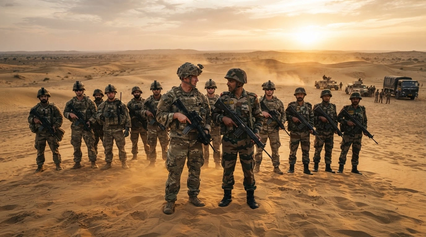 U.S. and Indian Army soldiers stand together in the Rajasthan desert following the conclusion of the Yudh Abhyas 2026 bilateral military exercise.