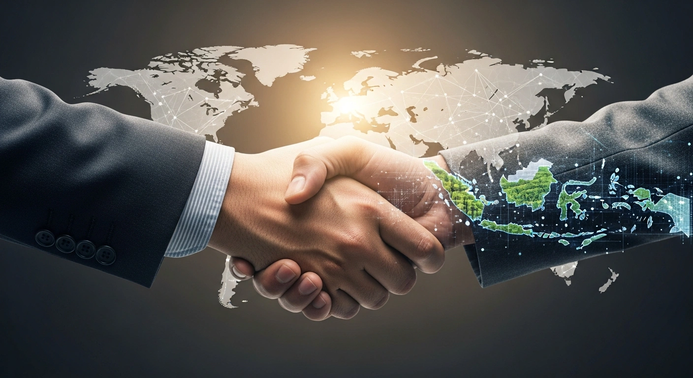 Two hands, symbolizing the United States and Indonesia, firmly shake over a stylized global map under a golden light, representing their finalized $33 billion trade agreement that eliminates tariffs on U.S. products and sets reciprocal tariffs for Indonesian imports, enhancing trade in manufacturing, agriculture, and digital sectors.