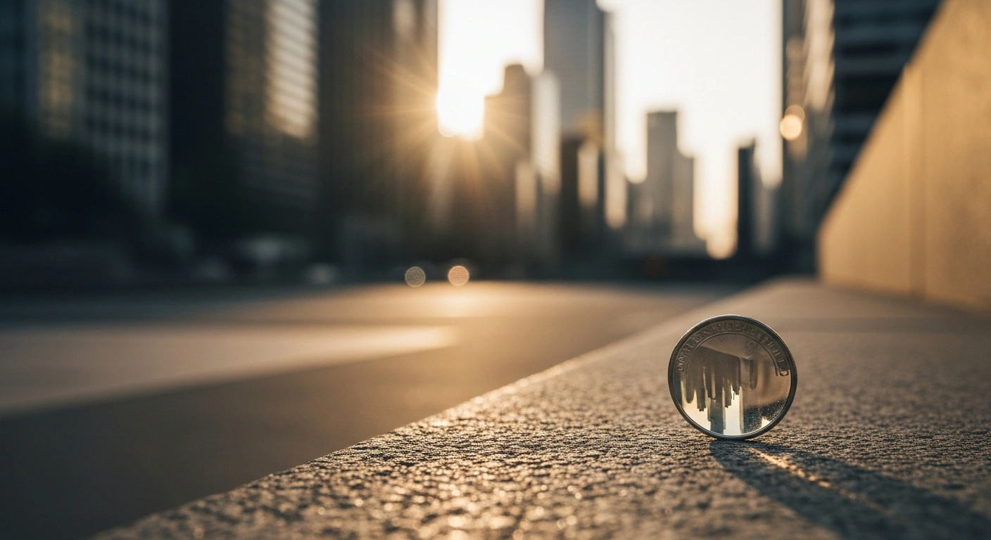 A polished coin sits on a ledge overlooking a city skyline, representing the slowing inflation rate in the United States economy.
