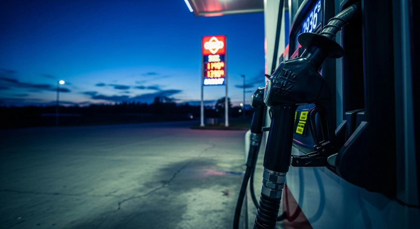 A close-up view of a gas station pump at dusk represents the impact of rising energy prices and inflation on the United States economy.