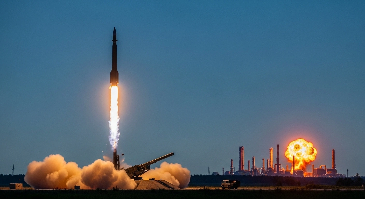 A long-range missile launches from a Ukrainian military site at twilight, its fiery exhaust plume visible, as a distant Russian oil refinery explodes, illustrating the use of US intelligence for strikes against Russian energy infrastructure.