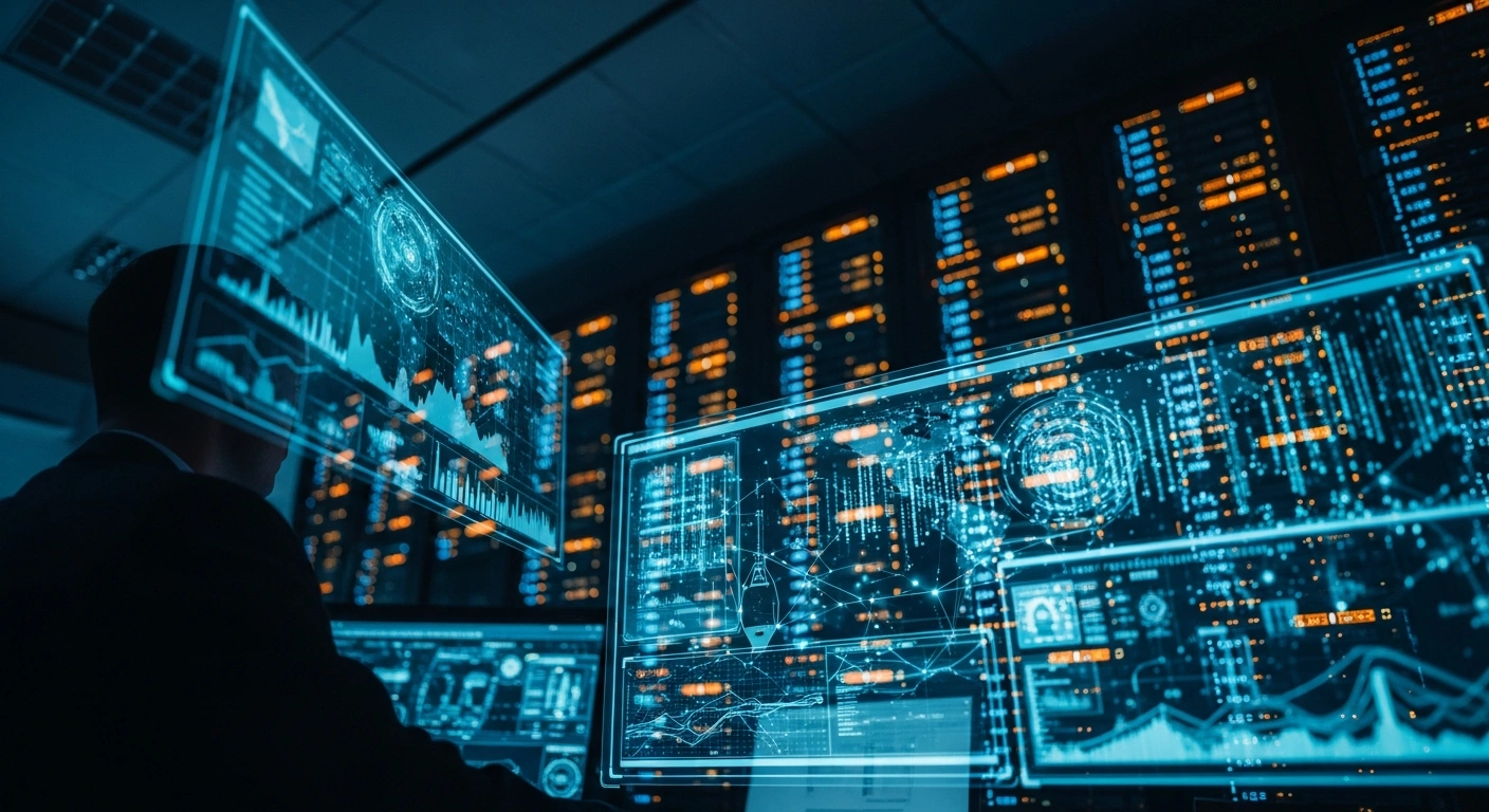 A security analyst monitors digital data streams and encrypted intelligence communications in a high-tech operations center.