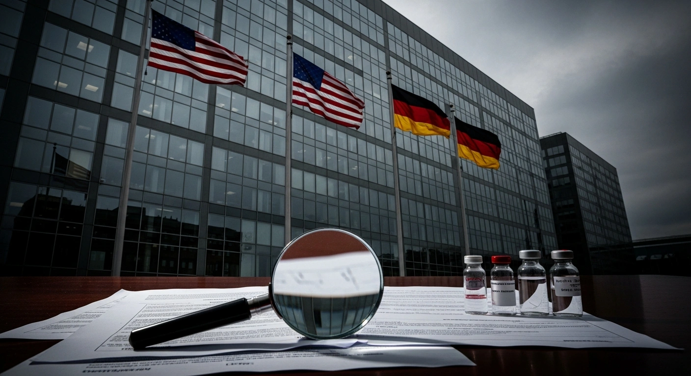 A magnifying glass rests on pharmaceutical documents and medicine vials as the United States investigates German drug pricing policies.