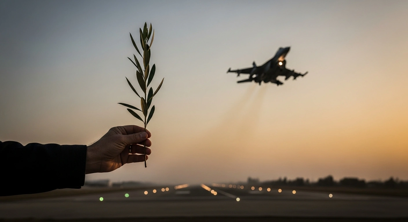 A close-up of a hand offering an olive branch is juxtaposed against a blurred background showing a fighter jet taking off, visually representing the United States' conflicting messages of dialogue and aggressive actions, such as strikes on Iranian facilities and sanctions.